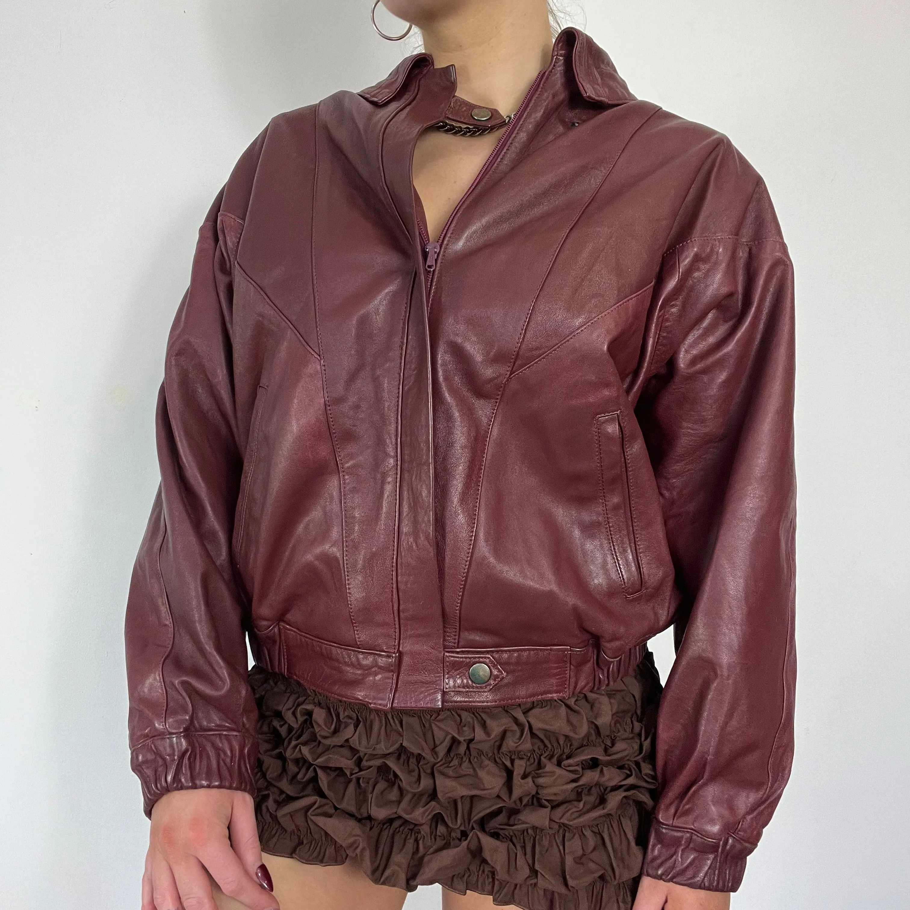 90s burgundy real leather bomber jacket - Size M