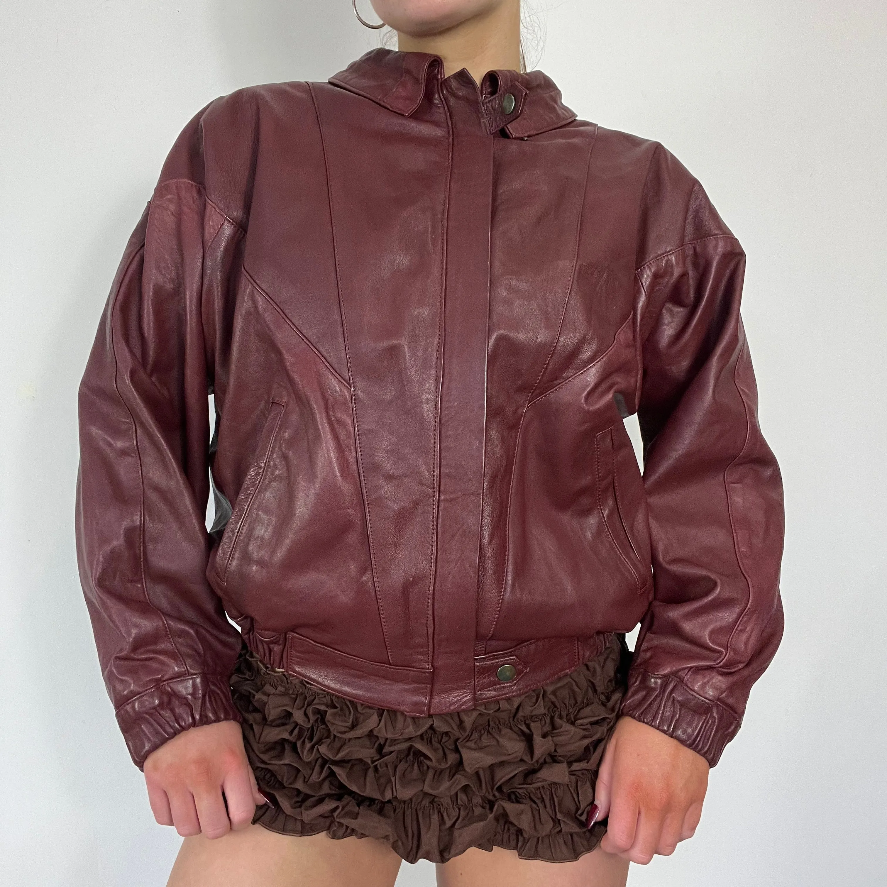 90s burgundy real leather bomber jacket - Size M