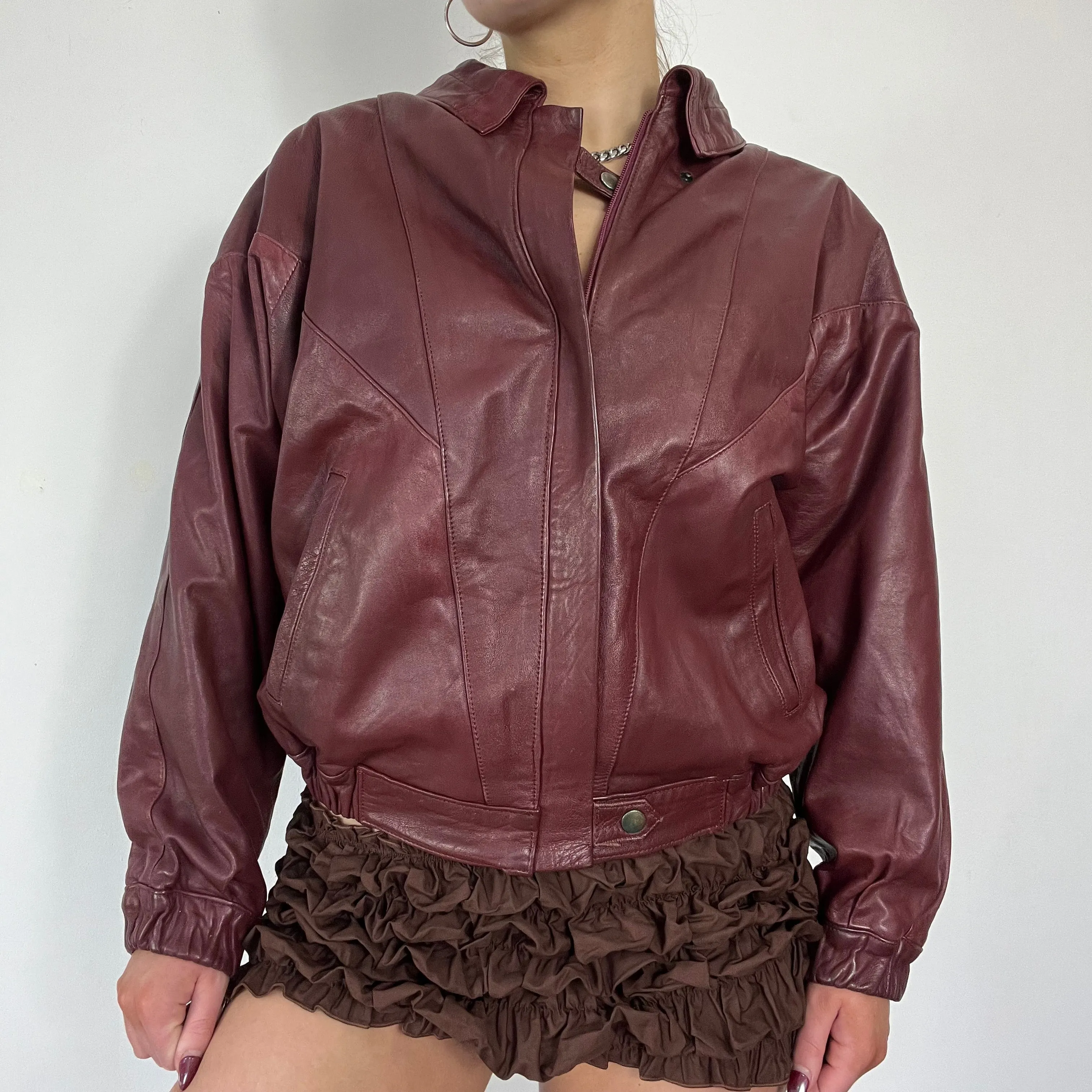 90s burgundy real leather bomber jacket - Size M