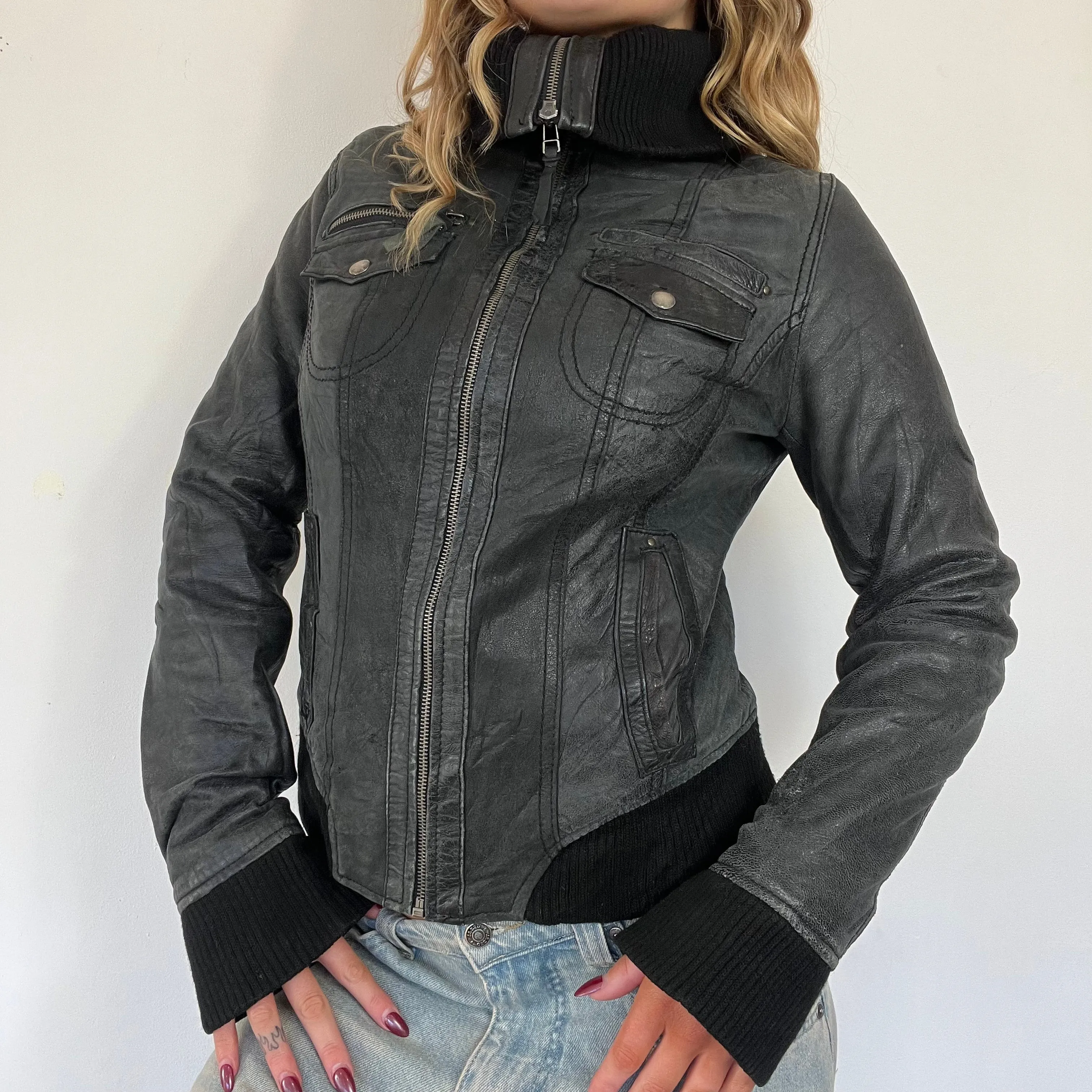 90s leather bomber jacket - Size S