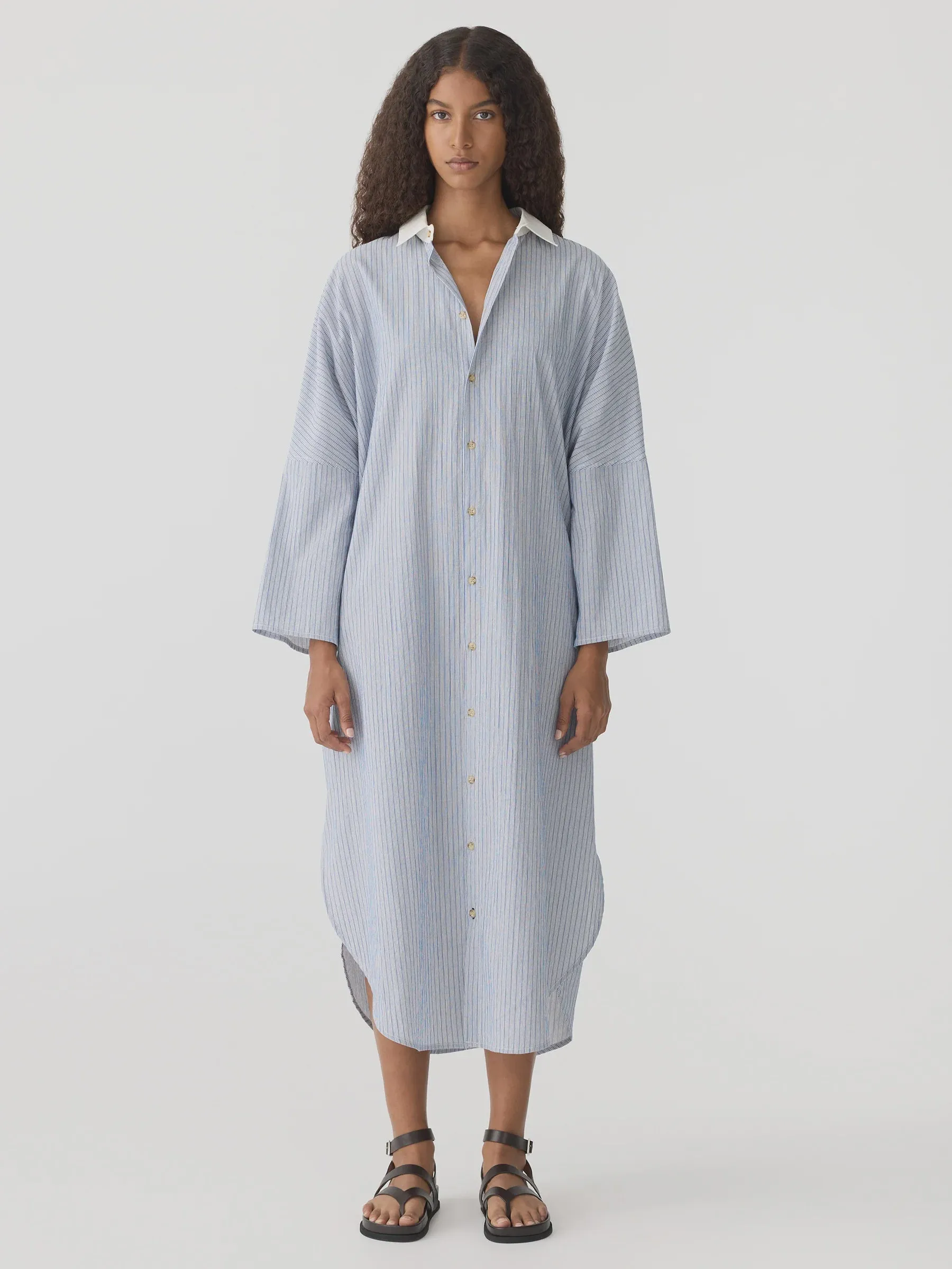 Bassike Dobby Stripe Shirt Dress in Blue Stripe