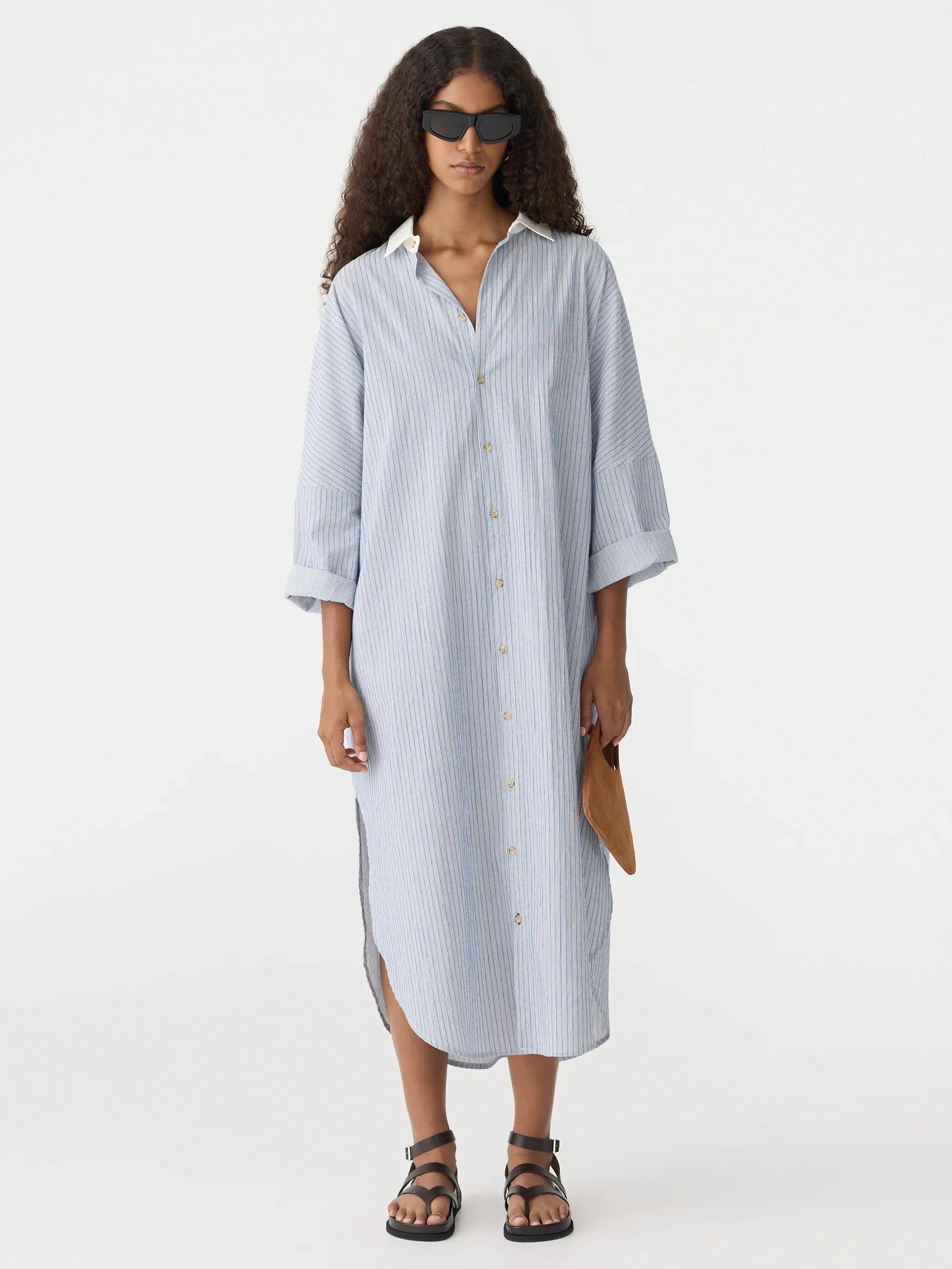 Bassike Dobby Stripe Shirt Dress in Blue Stripe