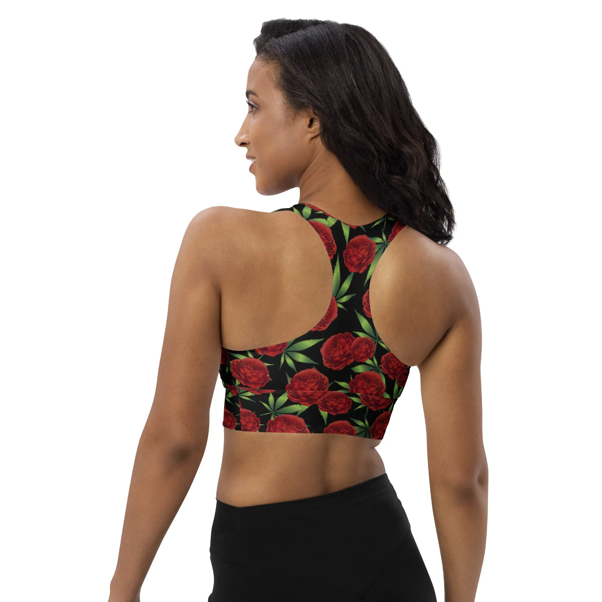 Black And Red Rose Longline Sports Bra