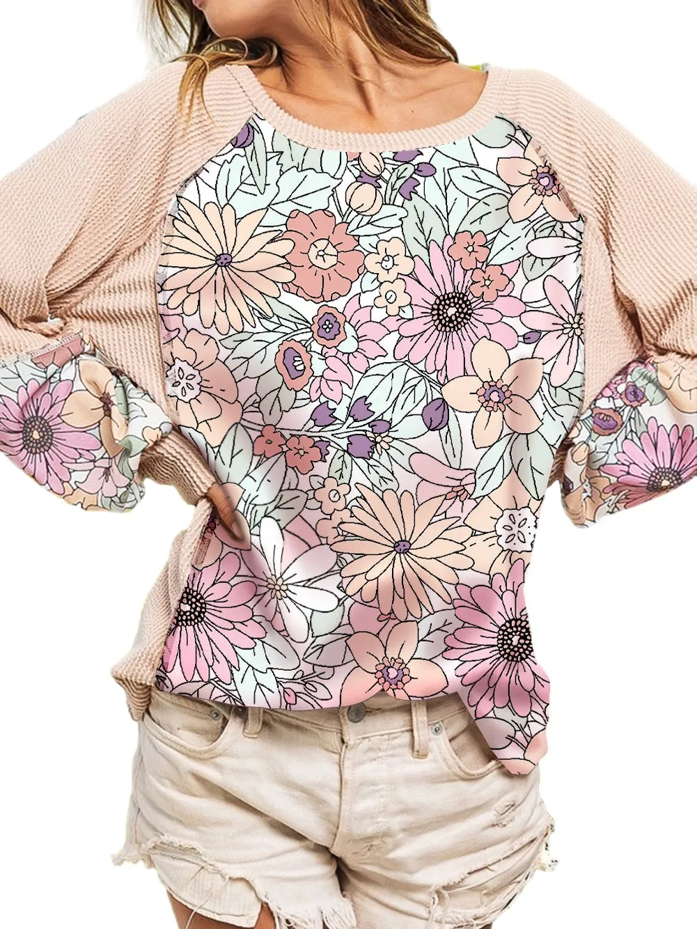 Boho Patchwork Floral Ribbed Long Sleeve Top in Oatmeal