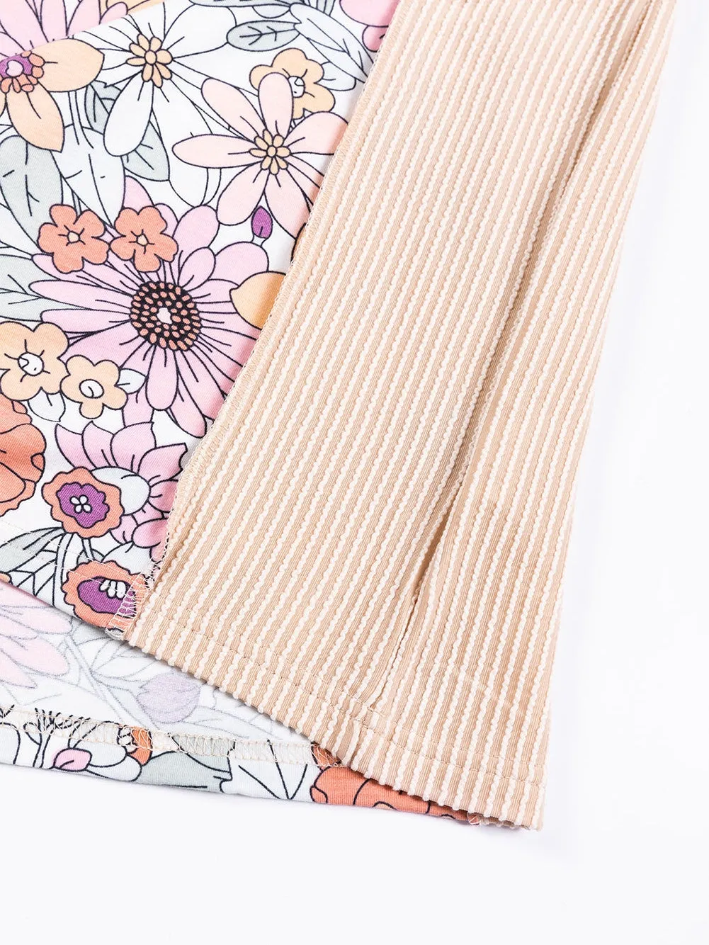 Boho Patchwork Floral Ribbed Long Sleeve Top in Oatmeal