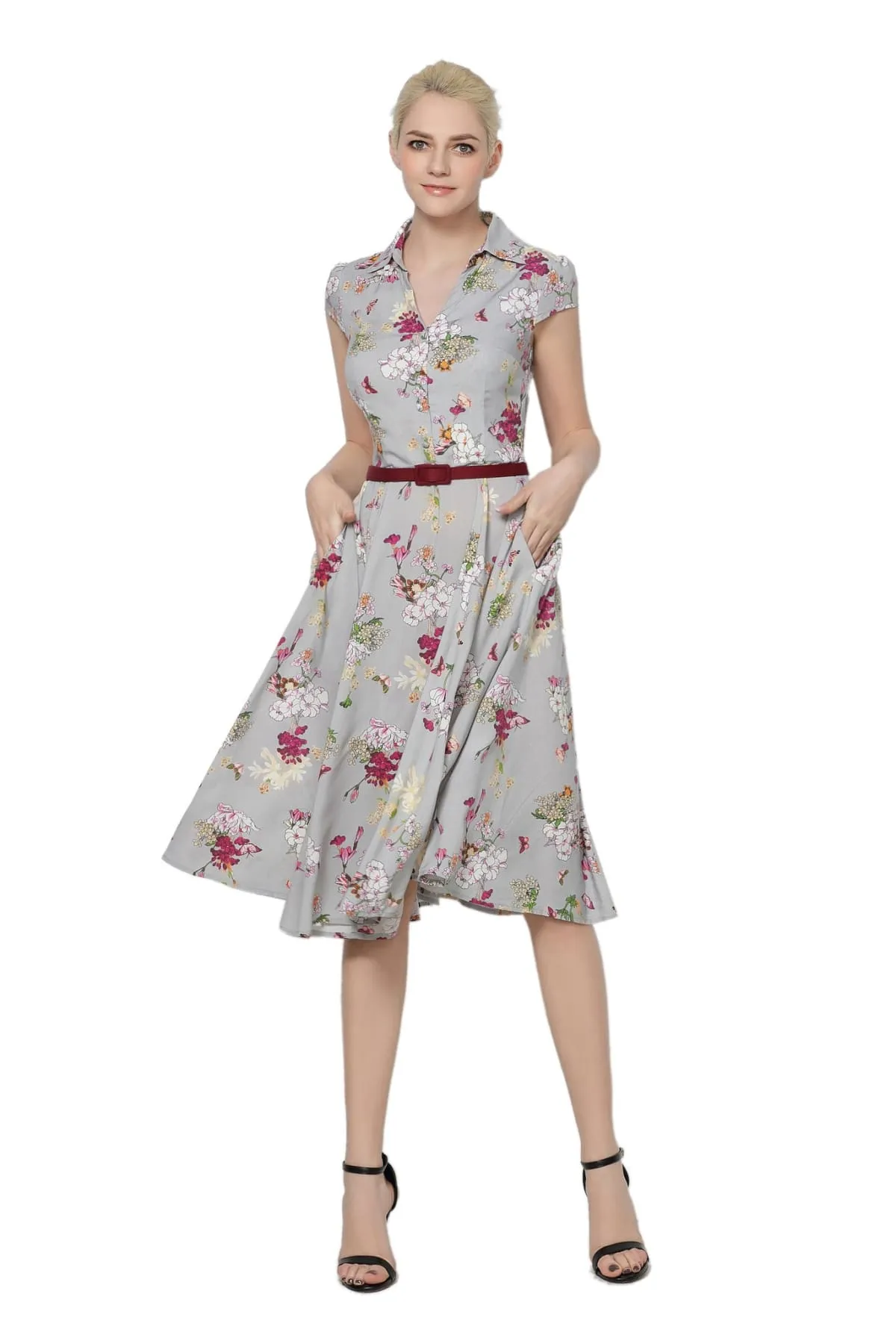 Butterflies & Flowers Grey Collared Vintage Dress