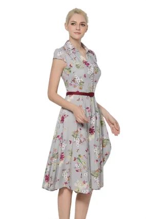 Butterflies & Flowers Grey Collared Vintage Dress