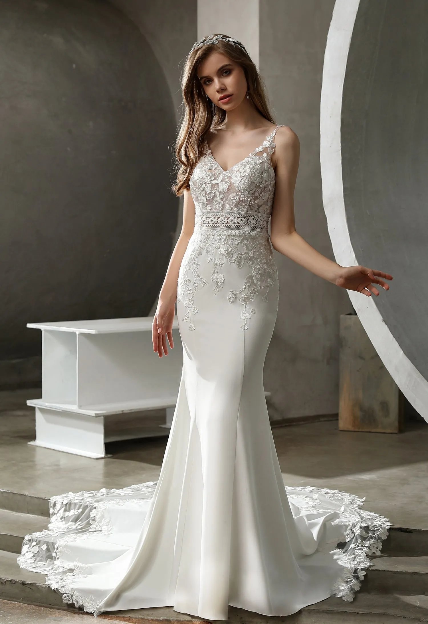 Crepe and Lace Fit and Flare Dress with Illusion Scalloped Train