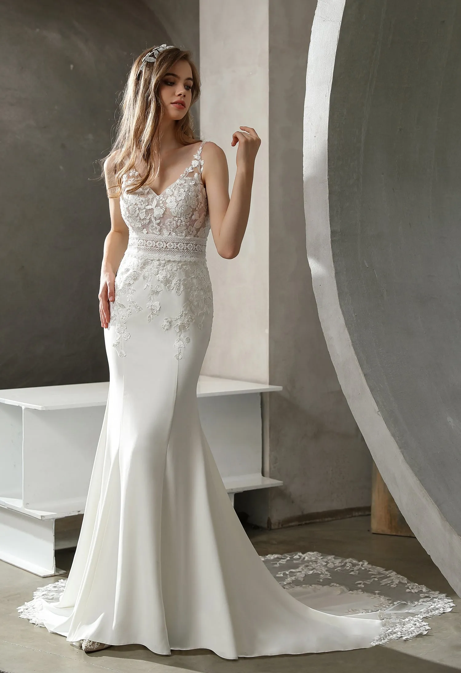Crepe and Lace Fit and Flare Dress with Illusion Scalloped Train