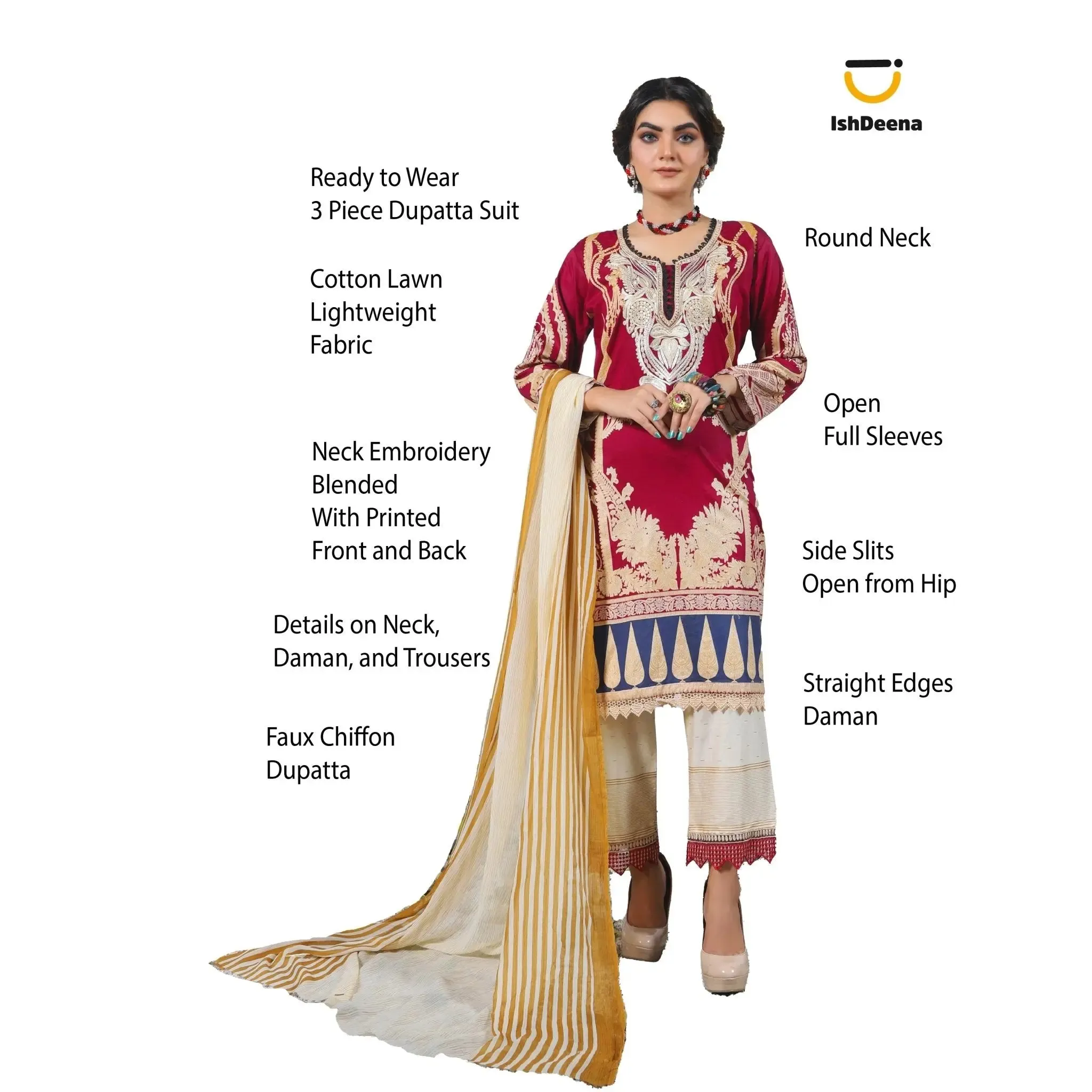 IshDeena Pakistani Lawn Salwar Kameez Indian Dresses for Women Ready to Wear Embroidered
