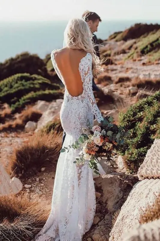 Lace Long Sleeve Floor Length Boho Wedding Dresses