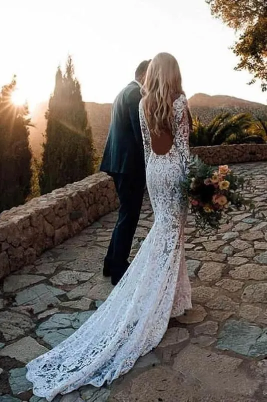 Lace Long Sleeve Floor Length Boho Wedding Dresses