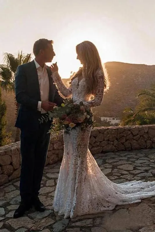 Lace Long Sleeve Floor Length Boho Wedding Dresses