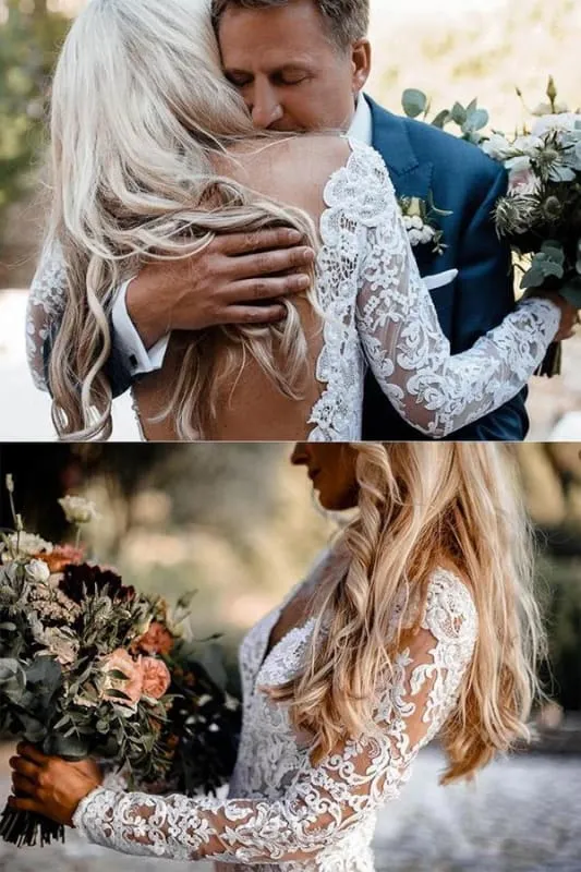 Lace Long Sleeve Floor Length Boho Wedding Dresses