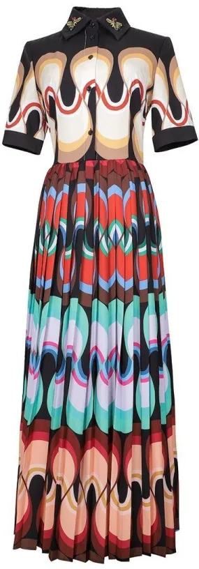 Long Multi Colored Printed Pleated Shirt Dress