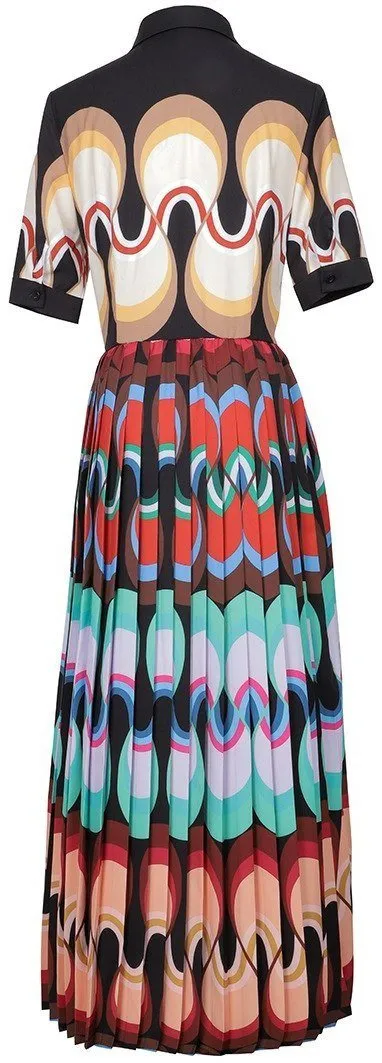 Long Multi Colored Printed Pleated Shirt Dress
