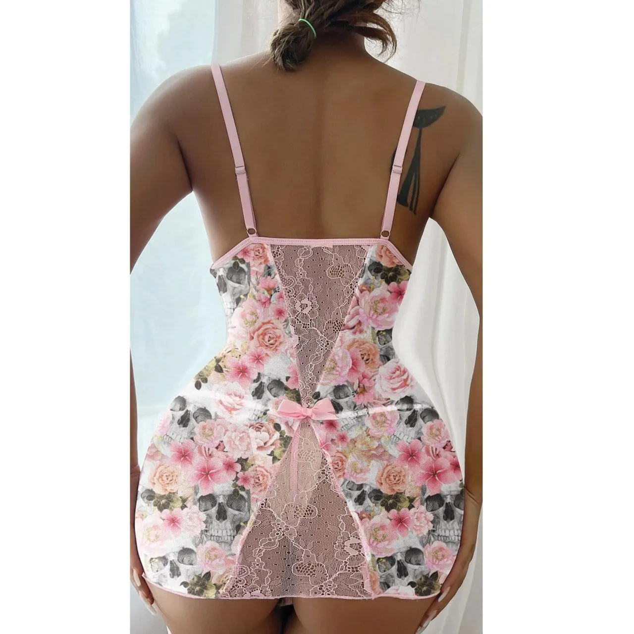 Pink Skull Floral Lace Bodycon Slips With Thong & Leg Ring, Sexy 2 Piece Set For Women