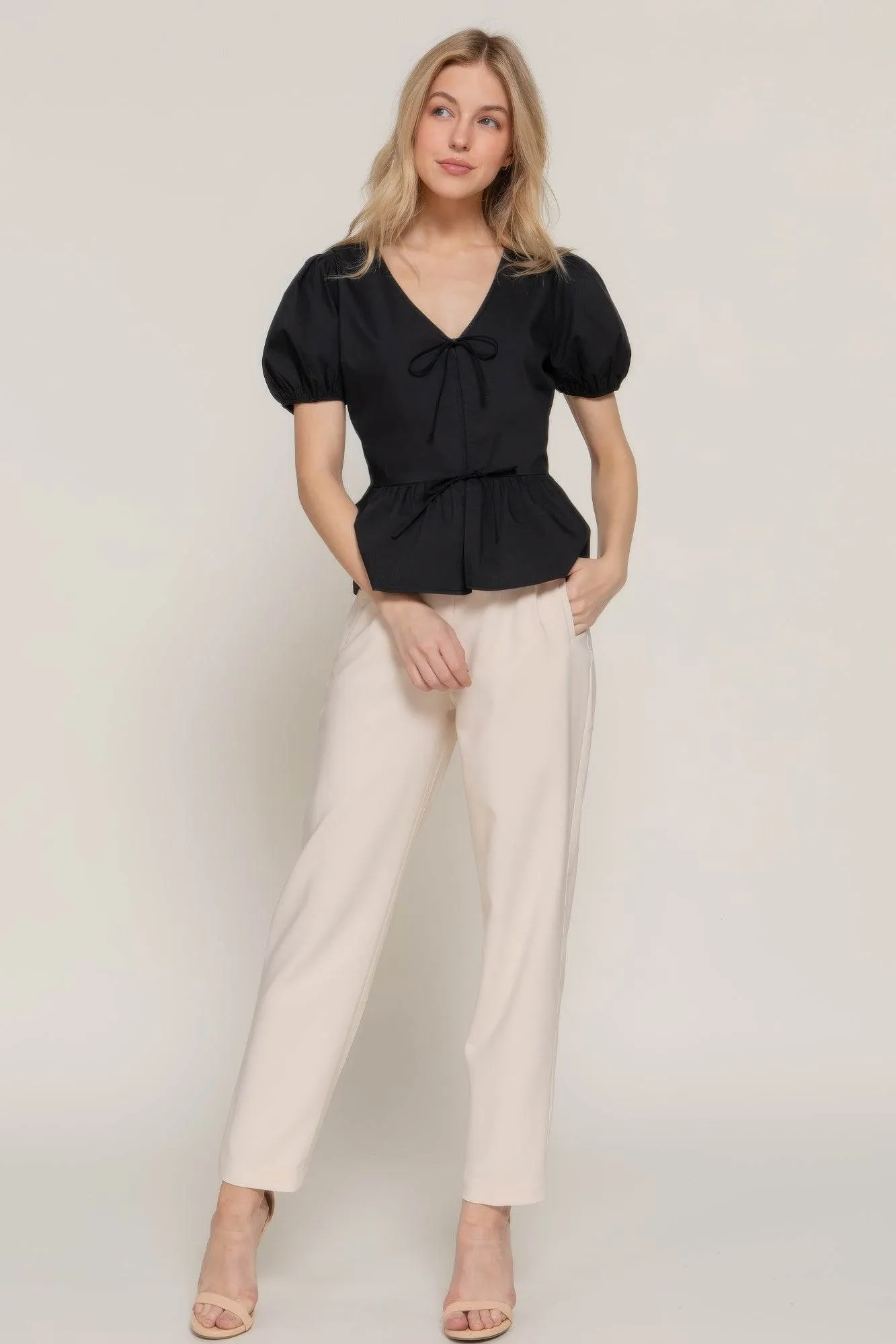 Short Puff Slv Tied Popline Top
